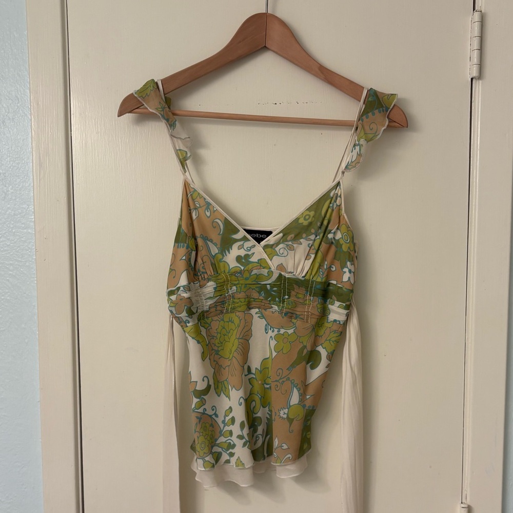 Floral Bebe Flutter Sleeveless Y2K Silk Top with Bow Back